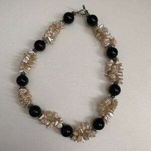 Bone stone Black cream beaded boho tribal bauble statement necklace resort wear